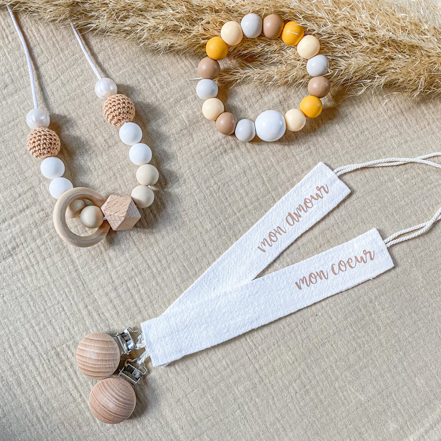 Attache-tétine en lin « Mon amour/Mon cœur » - Monmini