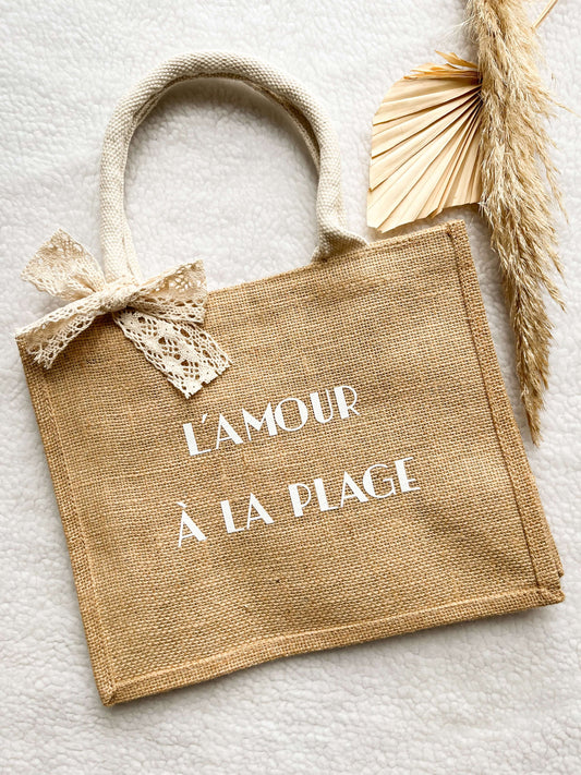 Petit sac en jute L’AMOUR À LA PLAGE - Monmini