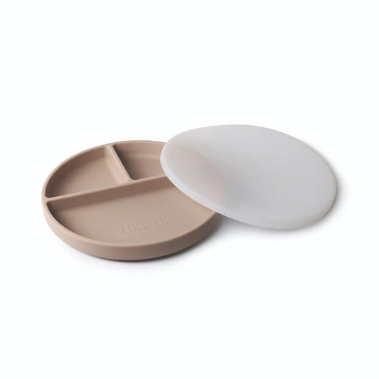 Assiette en silicone à ventouse et couvercle - Beige