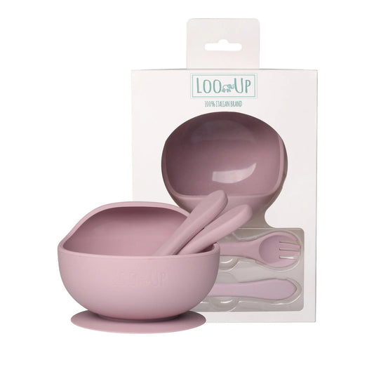 Ensemble premier repas avec bol et couverts - Rose